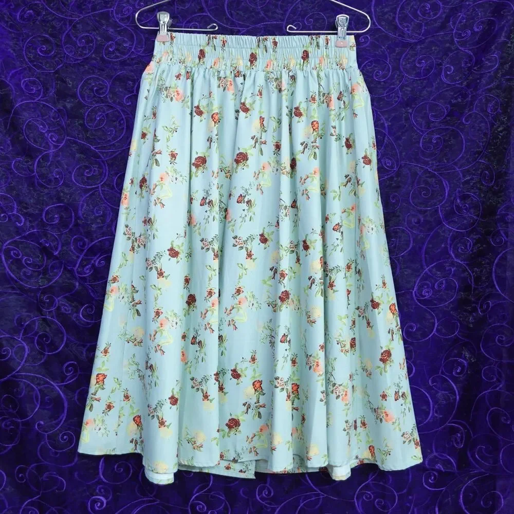 Vintage Reproduction High Waisted Pinup Rockabilly Skirt Blue Red Floral Midi